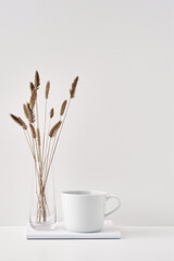 A transparent vase with dry branches, a book and a mug on a white background. Minimalism, eco-materials in the interior decor. Copy space, mock up.