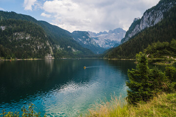 Naklejka na ściany i meble Gosau lake and Dachstein massif, beautiful touristic destination in Austrian Alps