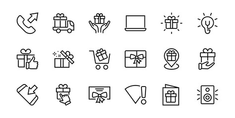 Gifts Linear Icons Set contains Gift Box, Gift Buying, Gift Delivery, Gift Geolocation mobile application, Gift notification, SMS. Editable Barcode, Vectar Icons