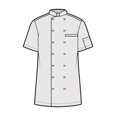 Shirt bakers chefs uniform technical fashion illustration with short sleeves, welt pockets, relax fit, double breasted button-down. Flat template front, grey color. Women men top CAD mockup