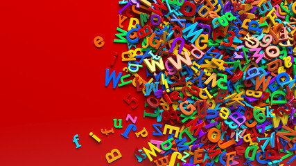 Rendering of a bunch of 3d multicolor alphabet letters over red background