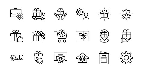 Gifts Linear Icons Set contains Gift Box, Gift Buying, Gift Delivery, Gift Geolocation mobile application, Gift notification, SMS. Editable Barcode, Vectar Icons