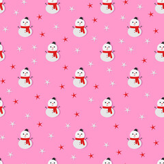 Fototapeta premium Seamless Christmas pattern with snowmen on a pink background. Winter holiday pattern for office, fabric, banners, postcards, wrapping paper, web page backgrounds, Wallpapers, templates. Vector pattern