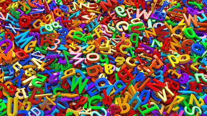 Rendering of a bunch of 3d multicolor alphabet letters in a close up view