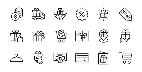 Gifts Linear Icons Set contains Gift Box, Gift Buying, Gift Delivery, Gift Geolocation mobile application, Gift notification, SMS. Editable Barcode, Vectar Icons