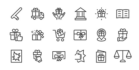 Gifts Linear Icons Set contains Gift Box, Gift Buying, Gift Delivery, Gift Geolocation mobile application, Gift notification, SMS. Editable Barcode, Vectar Icons
