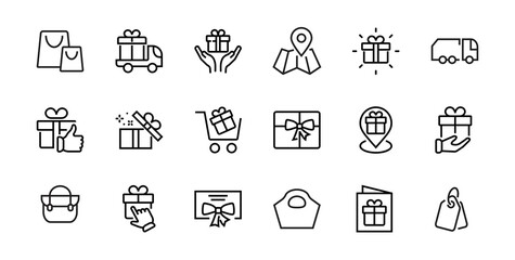 Gifts Linear Icons Set contains Gift Box, Gift Buying, Gift Delivery, Gift Geolocation mobile application, Gift notification, SMS. Editable Barcode, Vectar Icons