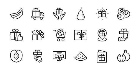 Gifts Linear Icons Set contains Gift Box, Gift Buying, Gift Delivery, Gift Geolocation mobile application, Gift notification, SMS. Editable Barcode, Vectar Icons