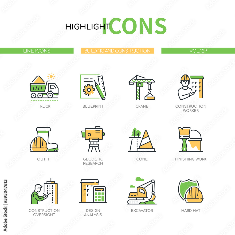 Aufkleber building and construction - modern line design style icons set