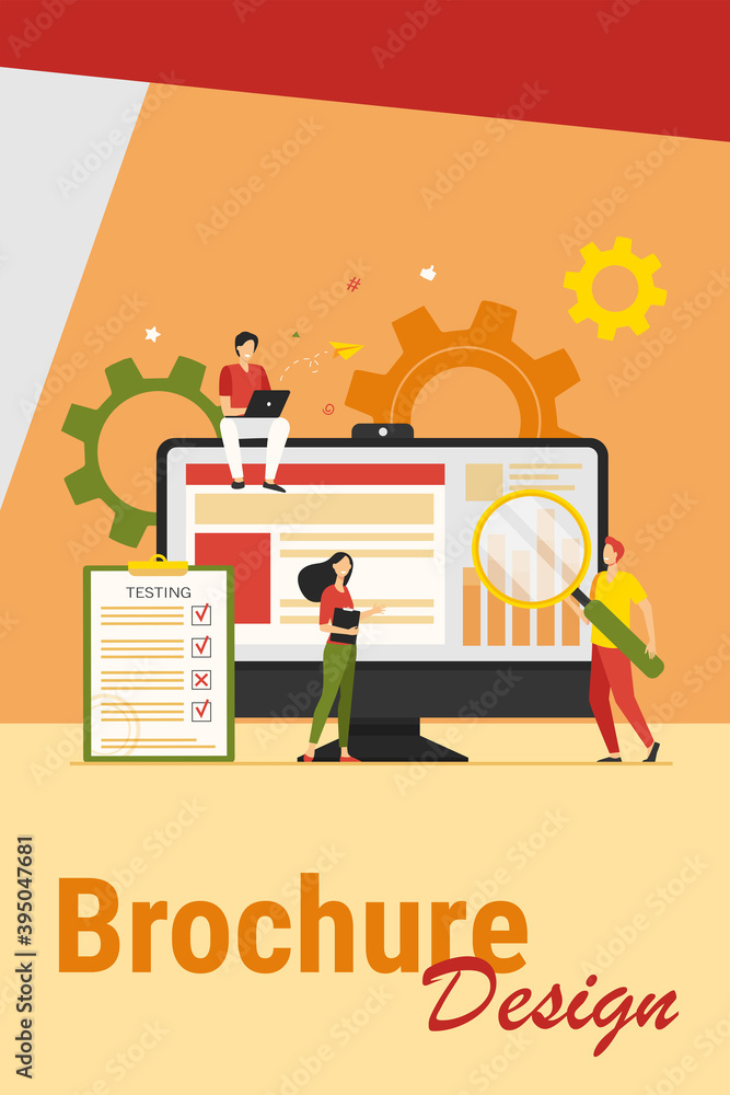 Poster tiny people testing quality assurance in software isolated flat vector illustration. cartoon charact