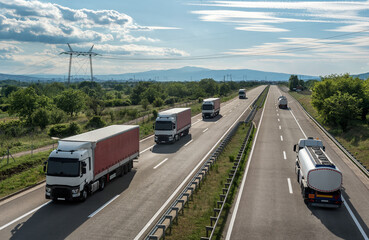 Four lanes Highway Transit with transportation trucks and Tank Truks on a bright blue day. Highway...