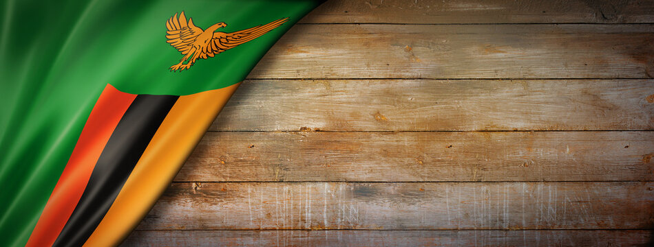 Zambian flag on vintage wood wall banner