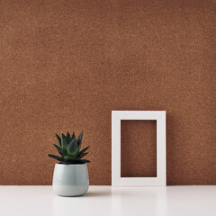 Wooden frame and houseplant in a pot, cork background. Mock up, copy space. Folk.