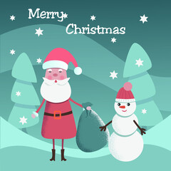 Merry Christmas.  Santa Claus and snowman in the snow surrounded by Christmas trees 