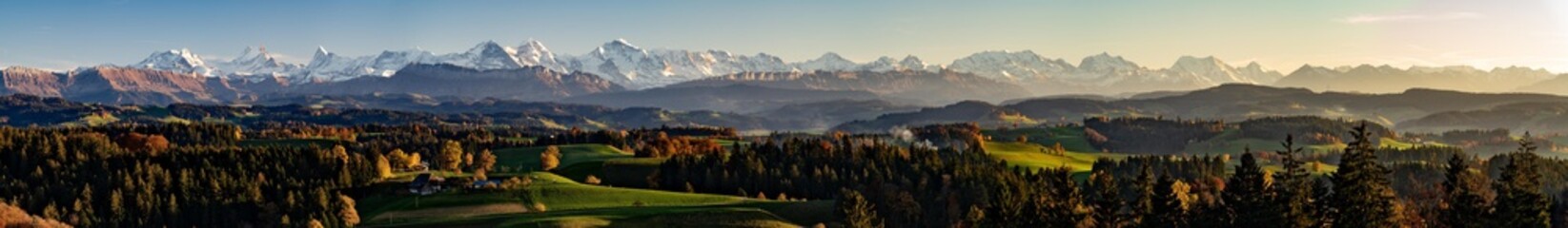 Golden panoramic view of the Emmental and Bernese Alps