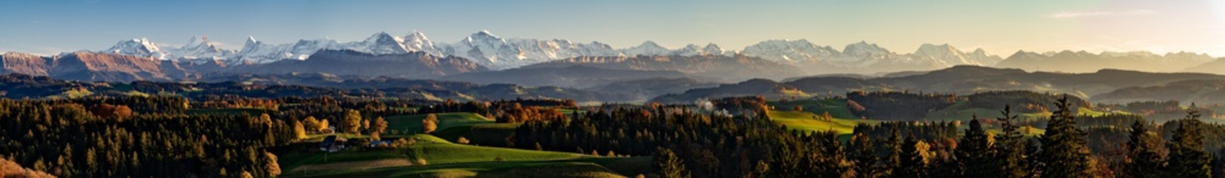 Golden panoramic view of the Emmental and Bernese Alps