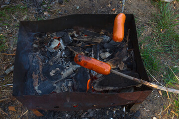 Picnic, barbecue, cooking food concept. Sausages roasted on bonfire flame . Summer camping, hiking, vacation