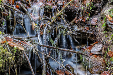 Water stream with icicles in forest, Little Fatra, Slovakia