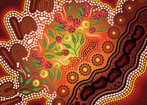 Aboriginal dot art with bush flowers