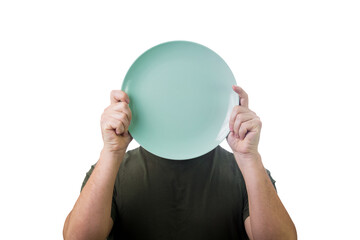 Anonymous man hiding his identity, covering face using an empty dish plate. Global crisis and...