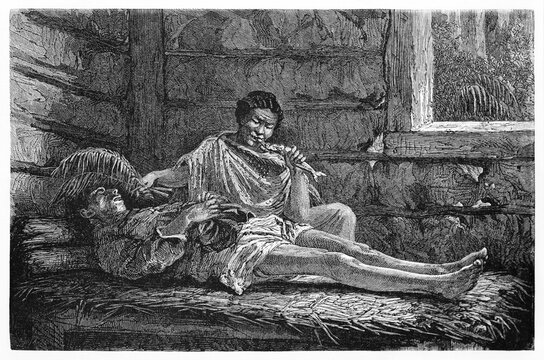 dead indigenous keep watched indoor by a sad woman in a hut in Brazilian rainforest. Ancient grey tone etching style art by unidentified author on Le Tour du Monde, Paris, 1861