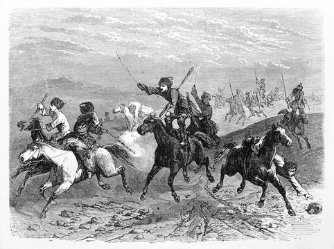 hectic race among horseback Cossacks holding swords dzhigiting (Central Asia trick riding). Ancient grey tone etching style art by Blanchard on Le Tour du Monde, Paris, 1861