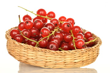 Ripe red currants, close-up, on a white background.