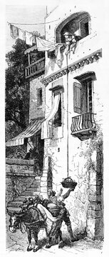 Neapolitan woman buying daily food lowering a basket from terrace. Ancient grey tone etching style vertical arranged art by Ferogio, Le Tour du Monde, Paris, 1861