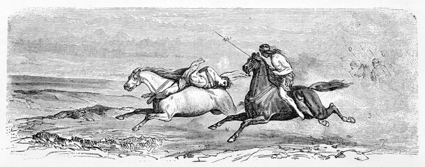 Auguste Guinnard prisoner of native people in Patagonia, transported bound on horse running among a barren land. Ancient grey tone etching style art by Castelli, Le Tour du Monde, Paris, 1861 © Mannaggia