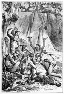group of indigenous killing horse in the jungle, sacrifice by Patagonian natives. Ancient grey tone rough etching style art by Castelli, Le Tour du Monde, Paris, 1861