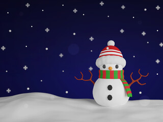 Snowman outdoors falling snow winter Holidays 3d render 3d illustration.