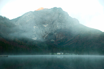 misty morning on the lake, vorderer langbathsee in upper austria	