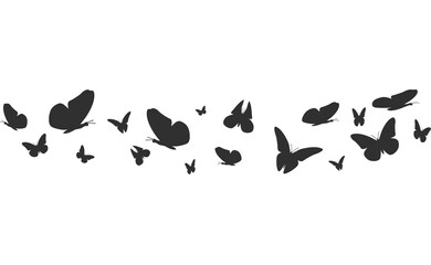 Fototapeta na wymiar Flying butterflies silhouettes. Butterfly seamless border. Black forest and garden insects vector pattern