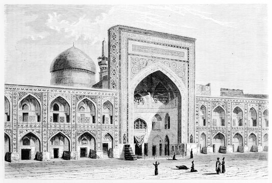Arabian architecture huge monumental building of Imam Reza Shrine, Mashhad, Iran. Ancient grey tone etching style art by De Bar, Le Tour du Monde, Paris, 1861