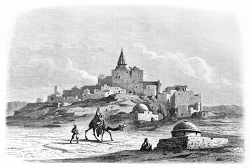 Jonah's tomb at Nineveh (destroyed by ISIS in 2014) on a desertic landscape with arabian small town. Ancient grey tone etching style art by Flandin, Le Tour du Monde, Paris, 1861
