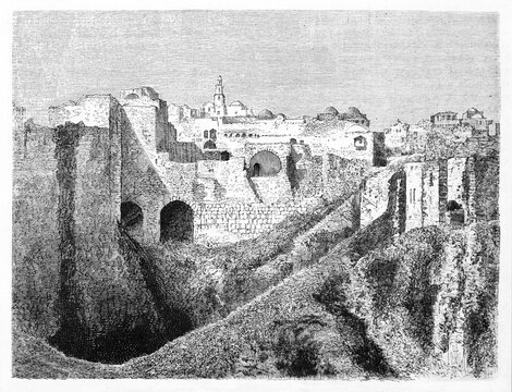 Overall view of Jerusalem southern stone rampart merging with surrounding rocks. Ancient grey tone etching style art by Lancelot, Le Tour du Monde, Paris, 1861