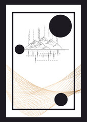 of a modern poster design featuring abstract mountains with a geometric pattern on a linear background. luxury background design for printing covers, invitations, packages, postcards, fabric. EPS 10