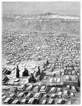 huge view of Katlgah cemetery in Mashhad, Iran, with tombs lost on the horizon and praying people. Ancient grey tone etching style art by De Bar, Le Tour du Monde, Paris, 1861