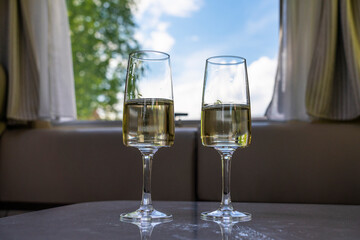 Glasses of champagne on the table.