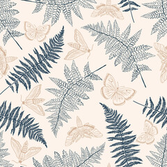 Seamless pattern with fern leaves, butterflies and moths. Ideal for fabrics, packaging textiles and templates. Simple Linear  minimalist boho pattern. - 395053247