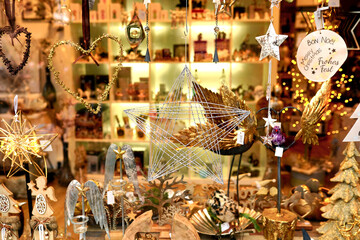 Christmas decorations in the shop window. New Year and Christmas decorations