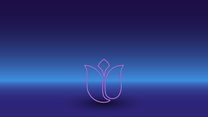Neon tulip symbol on a gradient blue background. The isolated symbol is located in the bottom center. Gradient blue with light blue skyline