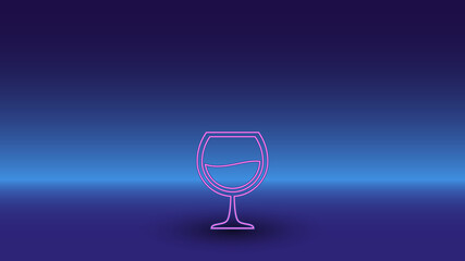 Neon wineglass symbol on a gradient blue background. The isolated symbol is located in the bottom center. Gradient blue with light blue skyline