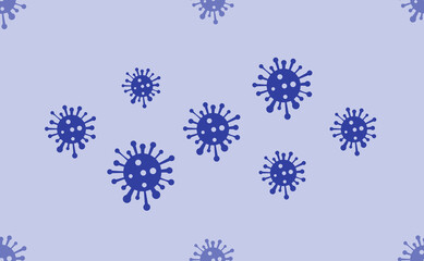 Seamless pattern of large isolated blue coronavirus symbols. The pattern is divided by a line of elements of lighter tones. Vector illustration on light blue background