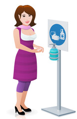 A girl washes her hands with hydro alcoholic gel