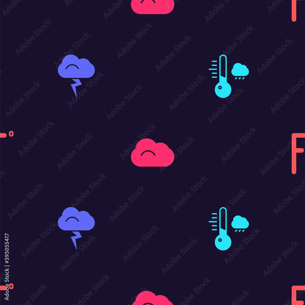 Poster set meteorology thermometer, storm, cloud and fahrenheit on seamless pattern. vector.