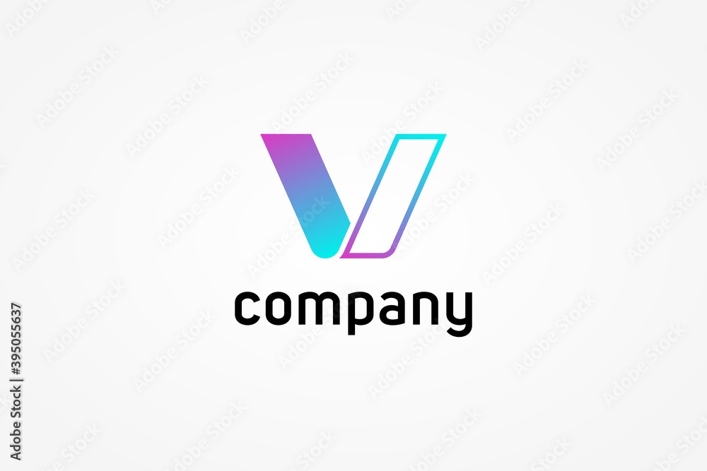 Poster abstract initial letter v logo. blue and purple geometric shape origami style isolated on white back