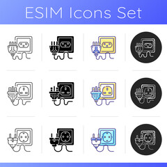 Power outlets icons set. Wall socket for device wire. Insert plug for device charging. Electrical cable. Energy generation. Linear, black and RGB color styles. Isolated vector illustrations
