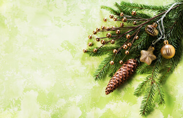 Christmas or New Year background with green fir branches and cones and Christmas tree decorations. Winter festive concept, top view, copy space