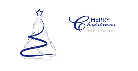 weihnachtsbaum mit sternen und guten wünschen in blau und grau - merry christmas and happy new year